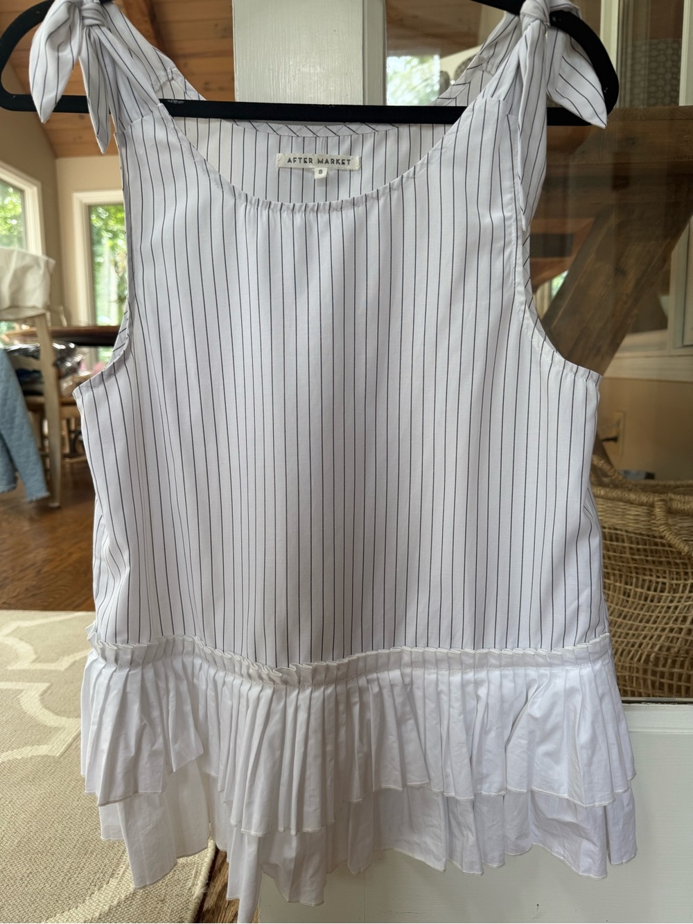 After Market  Anthropologie White Pinstripe Tie-Shoulder Ruffle Hem Camisole Sm.